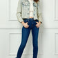 Veveret Multi Color Stripe Rhinestone Raw Hem Denim Jacket