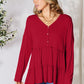 Double Take Half Button Long Sleeve Ruffle Hem Blouse