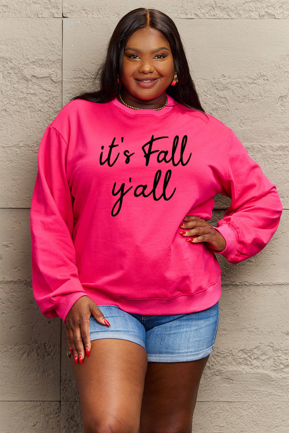Simply Love Full Size IT'S FALL Y'ALL Graphic Sweatshirt Hot Pink