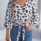 Tied Button Up Leopard V-Neck Blouse