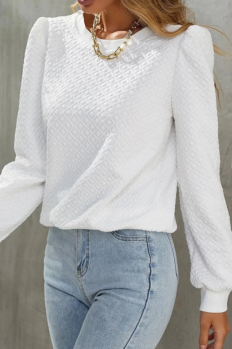 Textured Round Neck Long Sleeve Top White