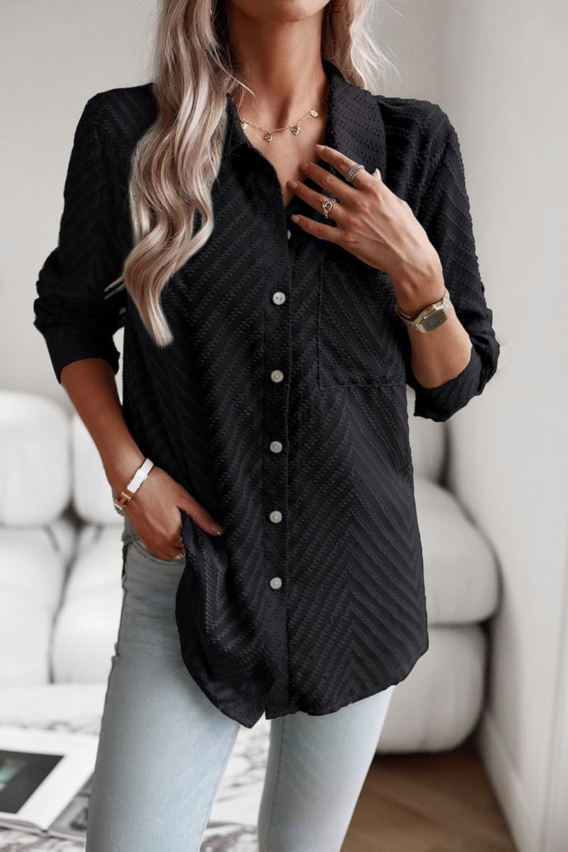 Devine Collared Neck Long Sleeve Pocketed Shirt Black