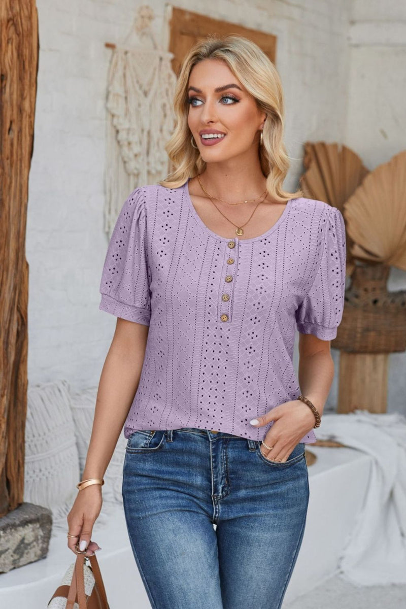 Eyelet Round Neck Short Sleeve Blouse Lavender