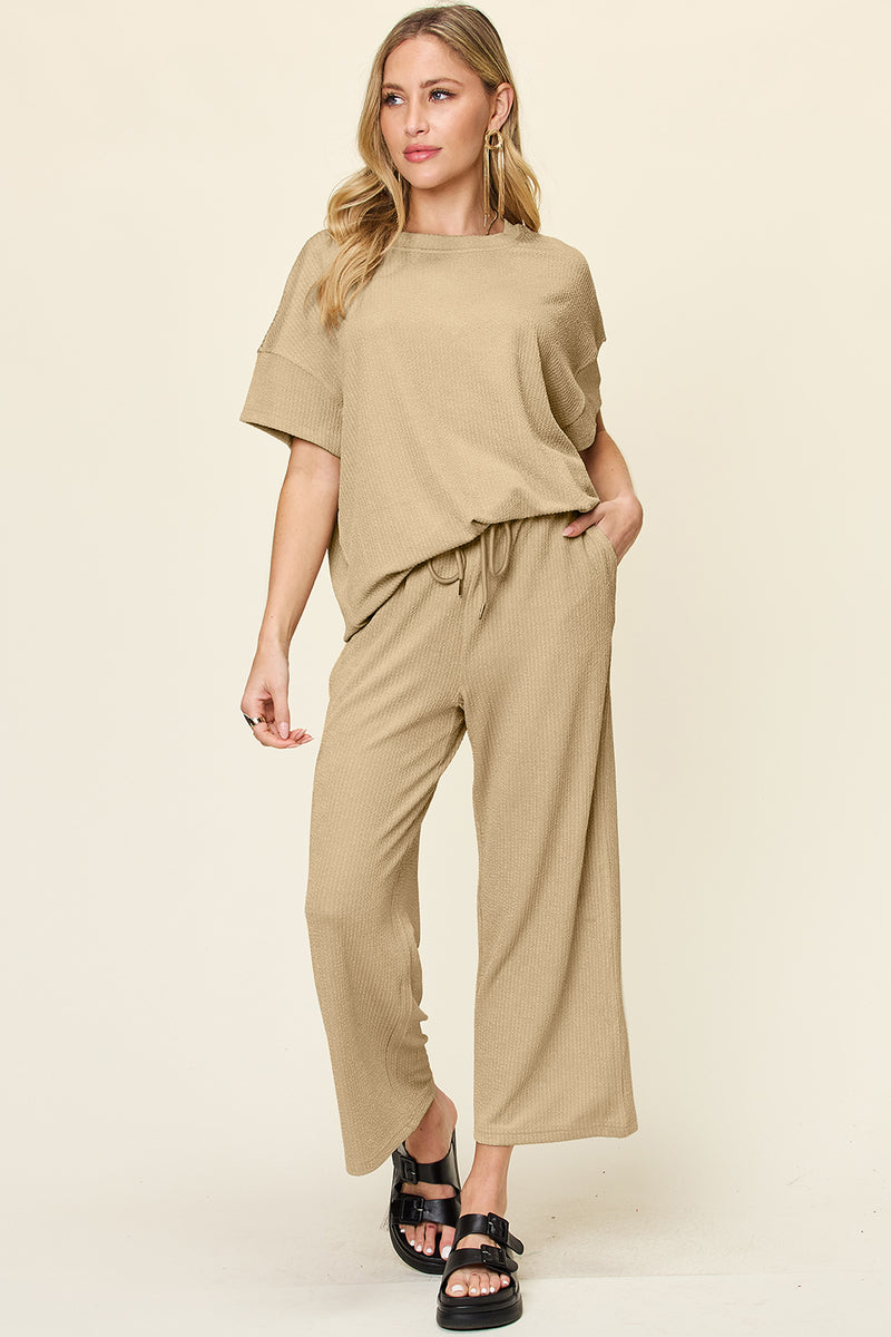 Double Take Full Size Texture Round Neck Short Sleeve T-Shirt and Wide Leg Pants Khaki