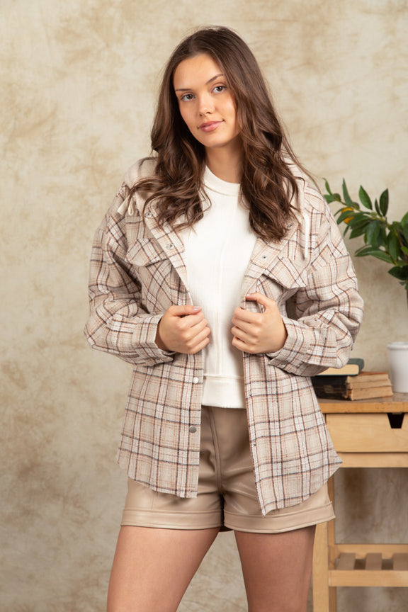 Drawstring Plaid Long Sleeve Hooded Jacket Dust Storm