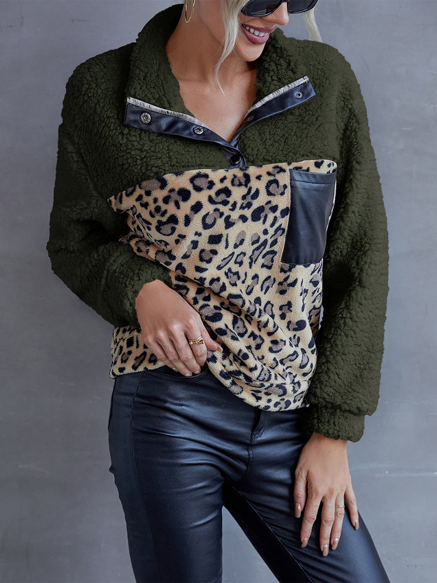 Ivy Lane Leopard Quarter-Snap Teddy Sweatshirt Army Green