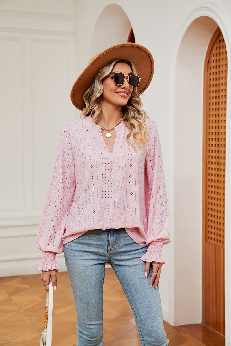 Notched Neck Flounce Sleeve Blouse