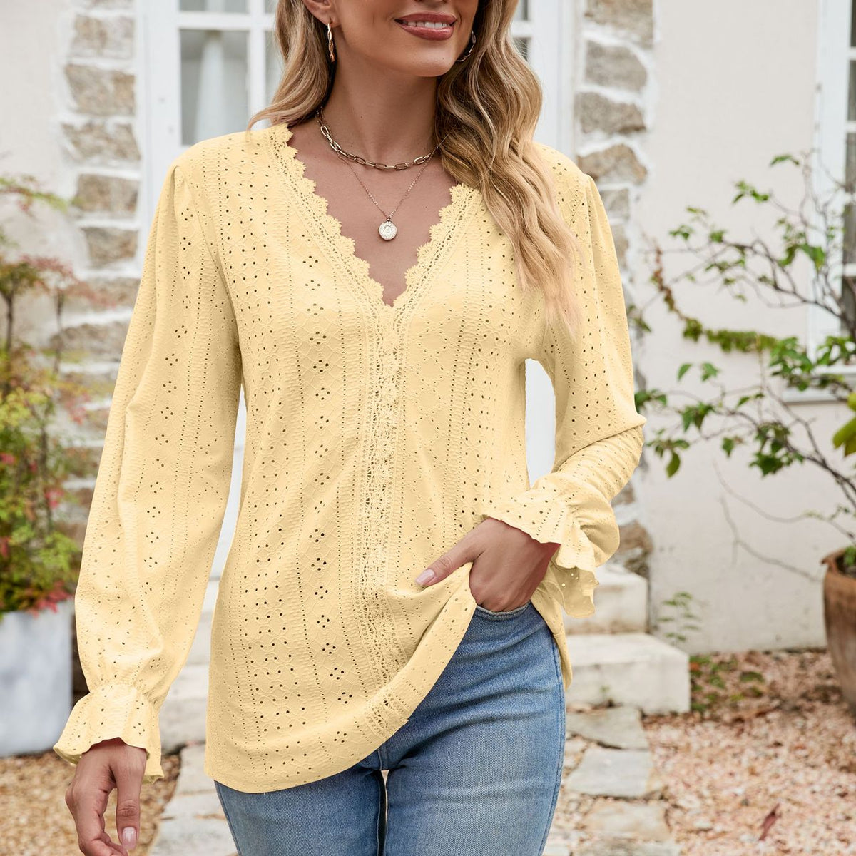 Eyelet Lace Trim Flounce Sleeve Blouse