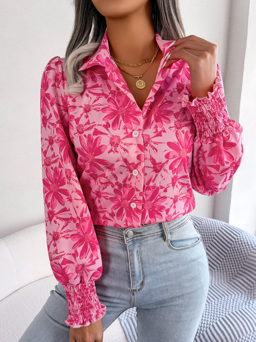 Floral Collared Neck Long Sleeve Shirt Deep Rose