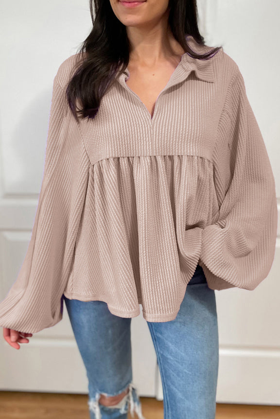 Corded Johnny Collar Long Sleeve Babydoll Blouse Beige