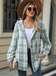 Drawstring Plaid Button Up Hooded Jacket Light Green