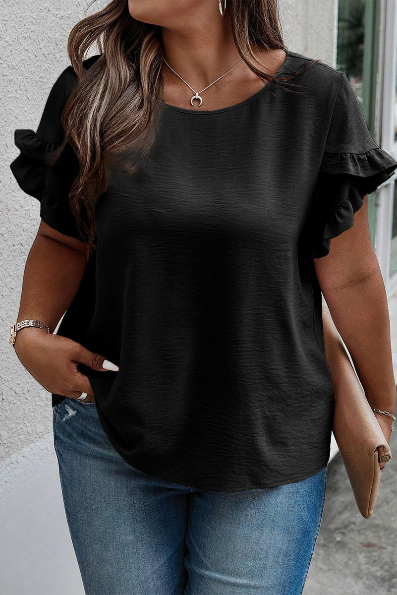 Plus Size Ruffled Round Neck Short Sleeve Blouse Black