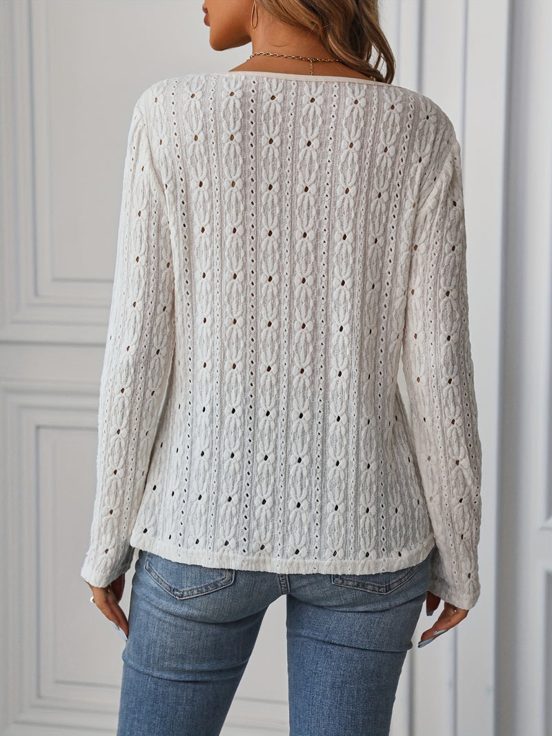 Eyelet Boat Neck Long Sleeve Blouse