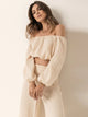 Off Shoulder Long Sleeve Top and Pants Set Tan