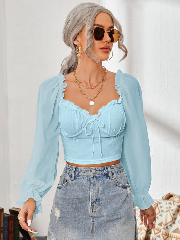 Mesh Sweetheart Neck Flounce Sleeve Top Pastel Blue