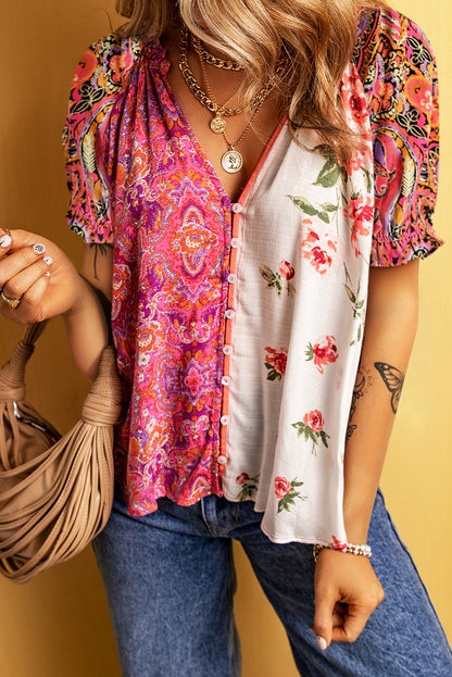 Printed V-Neck Short Sleeve Blouse Multicolor