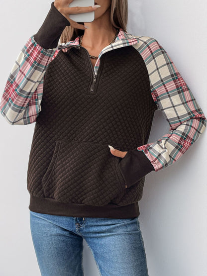 Perfee Plaid Half Zip Long Sleeve Sweatshirt Chocolate
