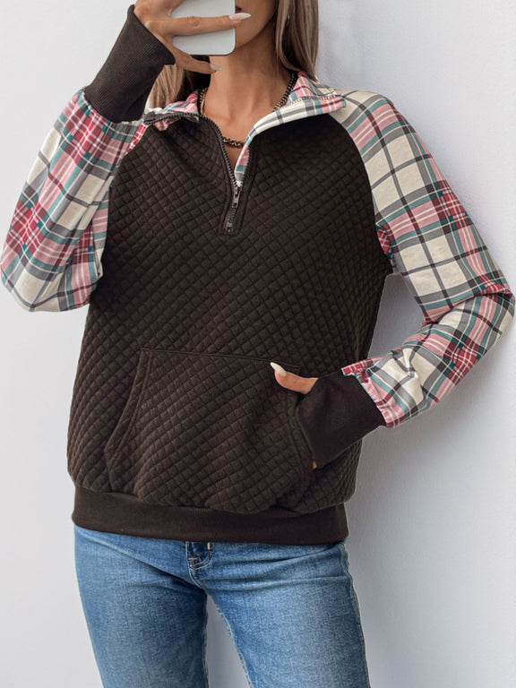 Perfee Plaid Half Zip Long Sleeve Sweatshirt Chocolate