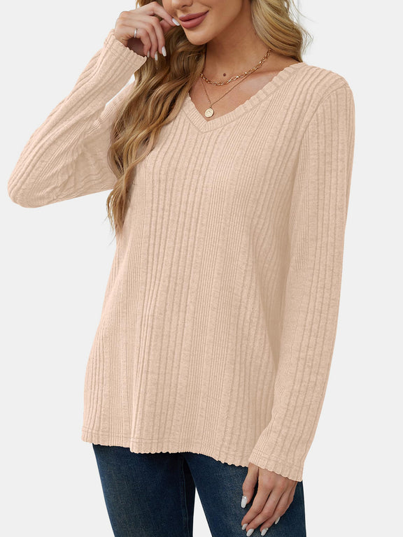 V-Neck Long Sleeve T-Shirt Beige