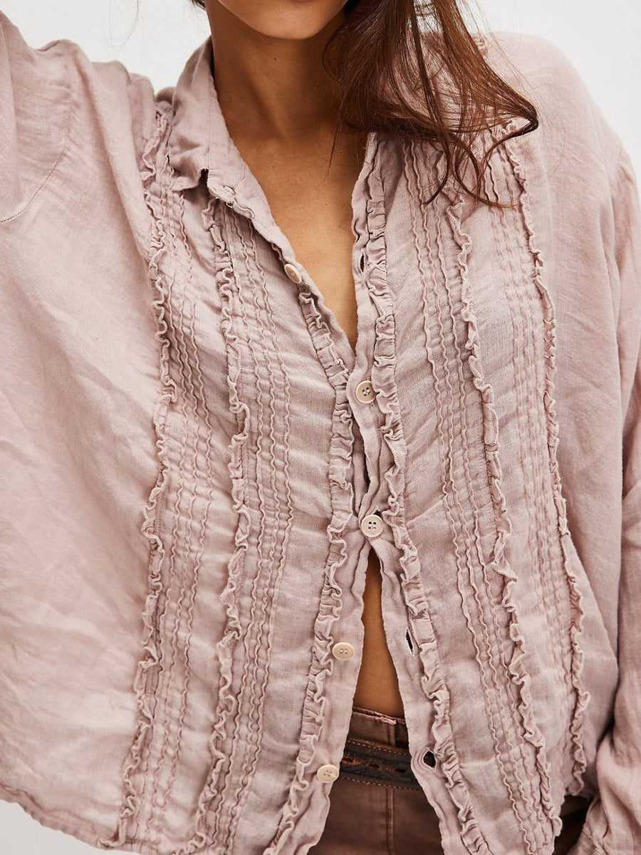 Frill Ruched Collared Neck Long Sleeve Shirt Dusty Pink