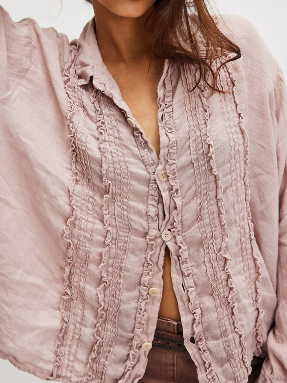 Frill Ruched Collared Neck Long Sleeve Shirt Dusty Pink