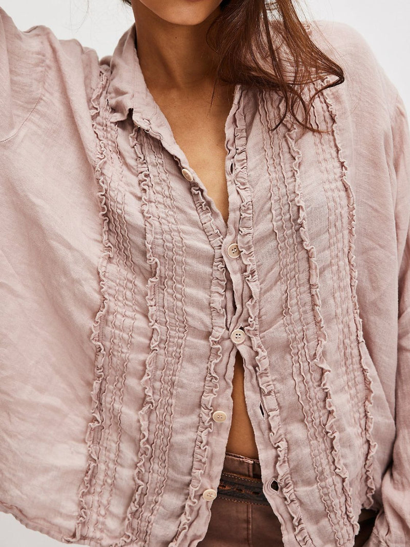 Frill Ruched Collared Neck Long Sleeve Shirt Dusty Pink