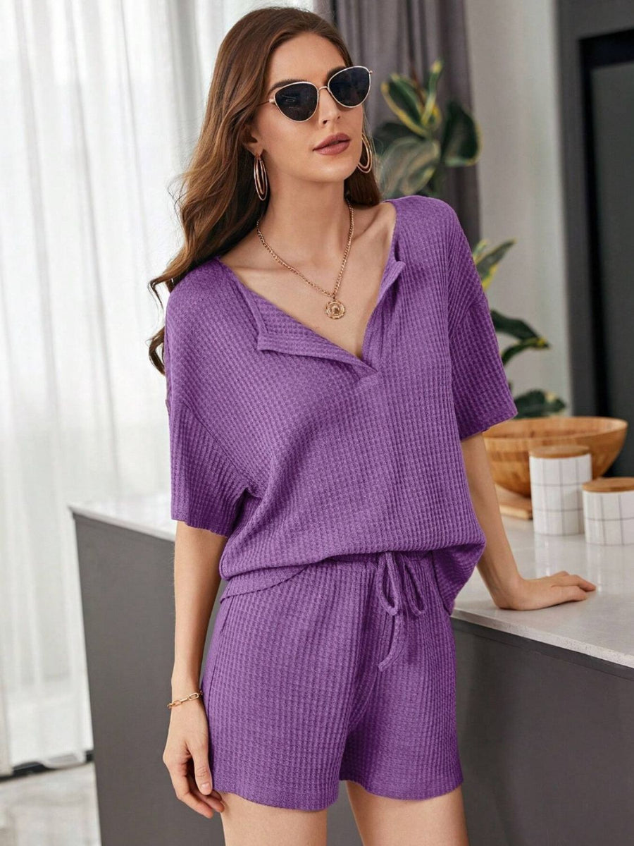 Full Size Waffle-Knit Dropped Shoulder Top and Shorts Set Purple