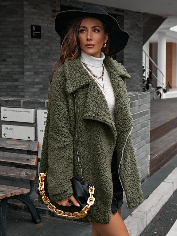 Ivy Lane Zip-Up Collared Teddy Jacket Green