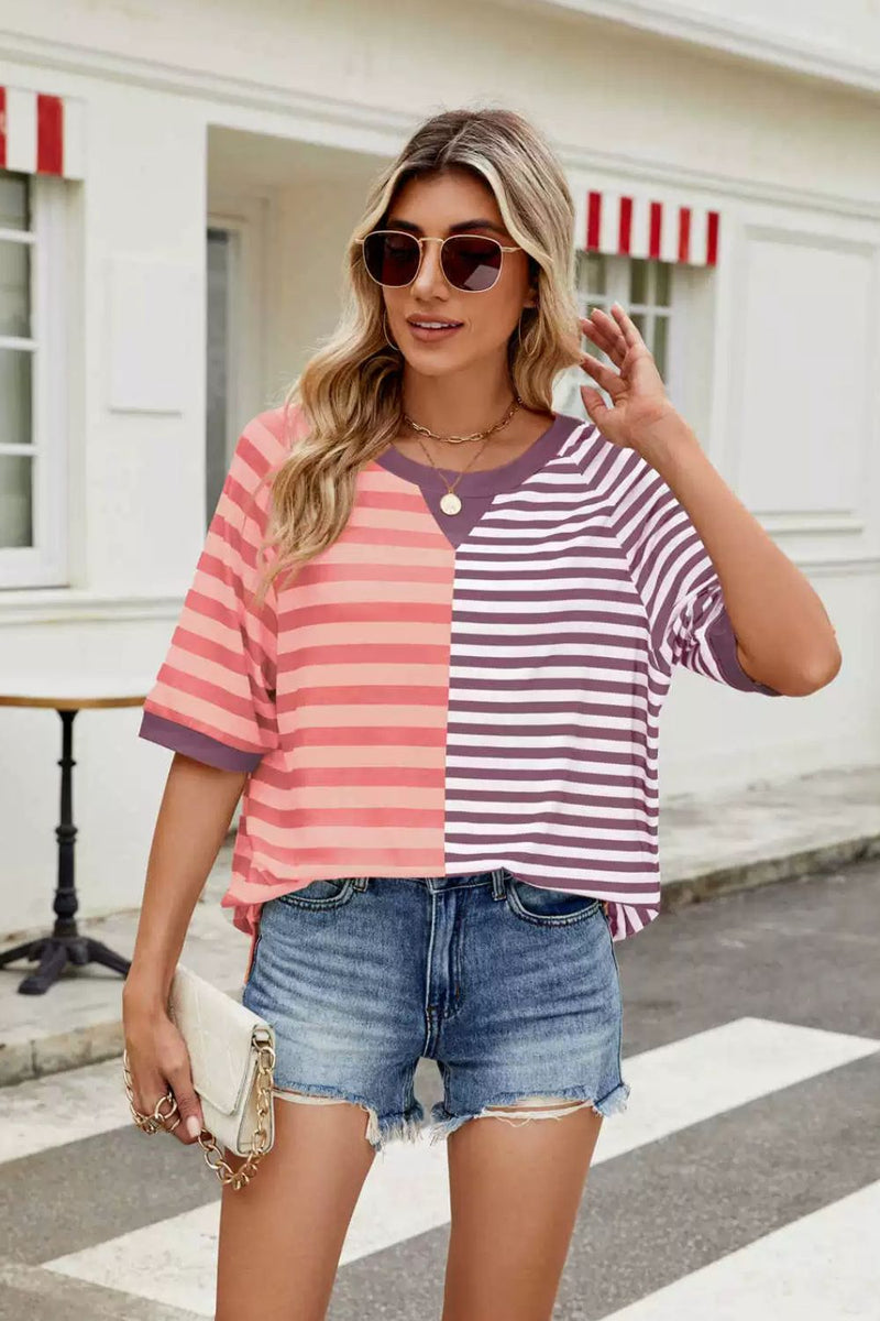 Striped Round Neck Half Sleeve T-Shirt Orange Purple L
