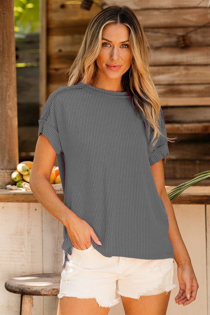 Exposed Seam Round Neck Short Sleeve T-Shirt Dark Gray