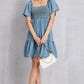 Smocked Square Neck Mini Denim Dress