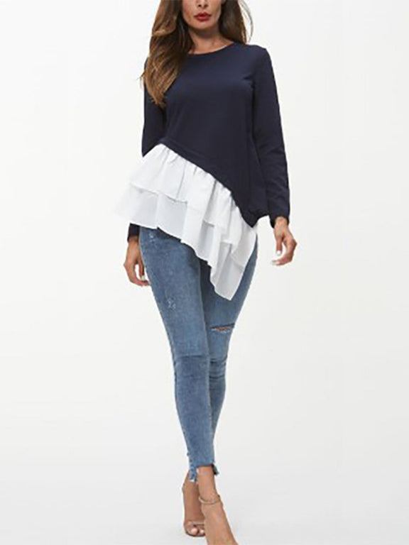 Ivy Lane Tiered Contrast Round Neck Long Sleeve T-Shirt