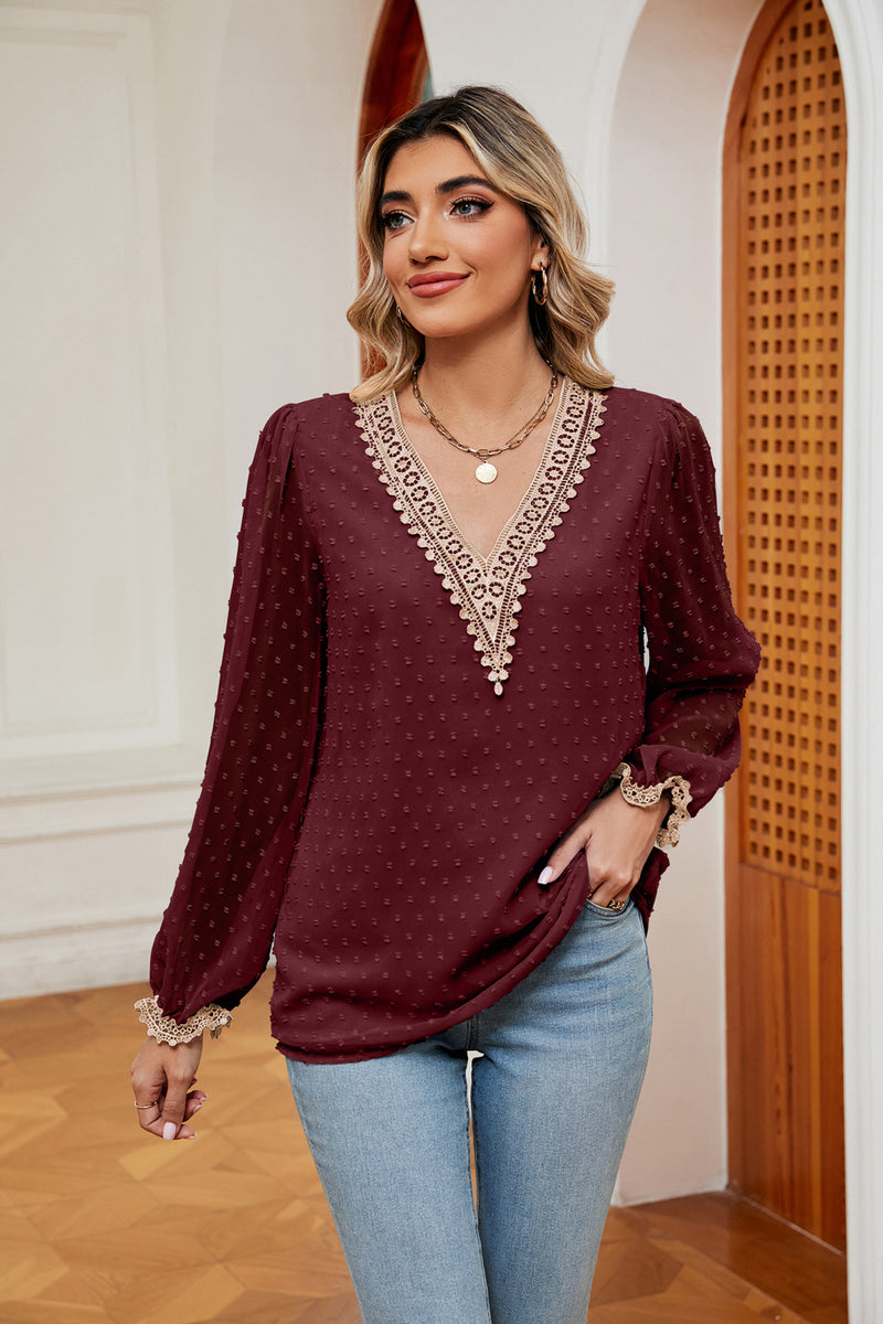 Swiss Dot Contrast V-Neck Blouse Wine