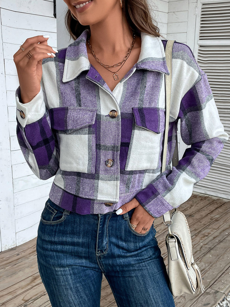 Perfee Plaid Button Up Drop Shoulder Cropped Jacket Blue Purple