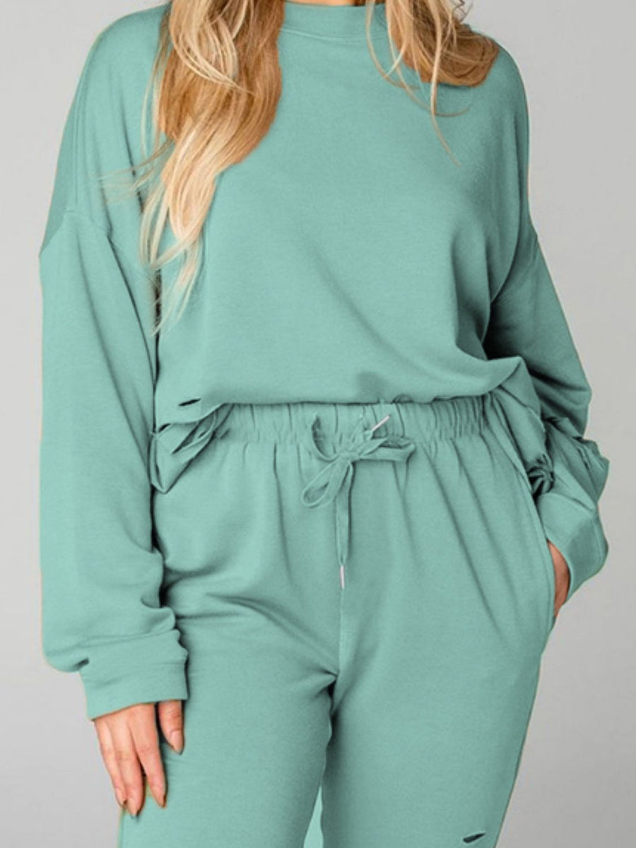 Distressed Sweatshirt and Joggers Set Light Green