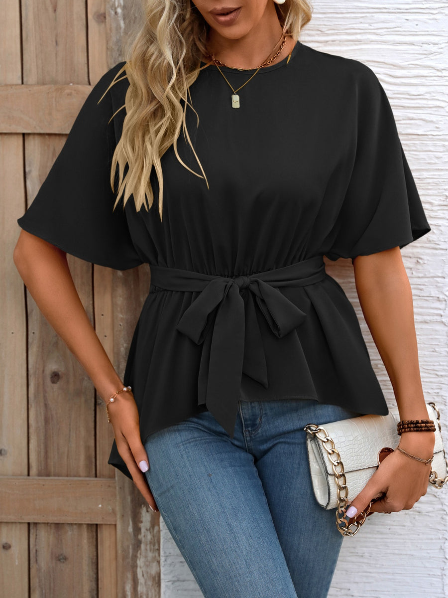 Ivy Lane Tied Round Neck Half Sleeve Blouse Black