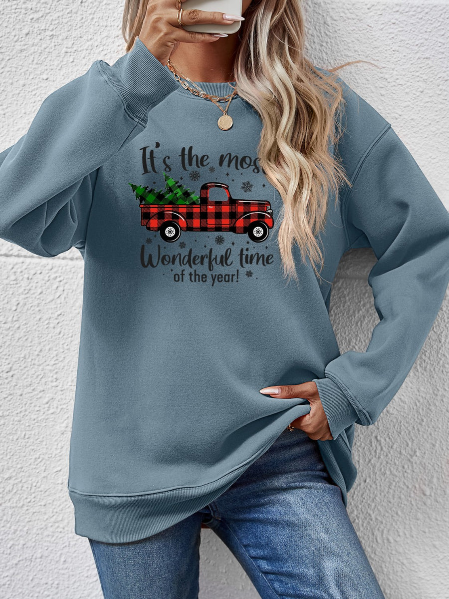 Graphic Round Neck Long Sleeve Sweatshirt French Blue