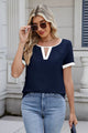 Cutout Round Neck Short Sleeve Blouse Dark Navy