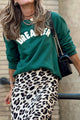Letter Round Neck Long Sleeve Sweatshirt Dark Green