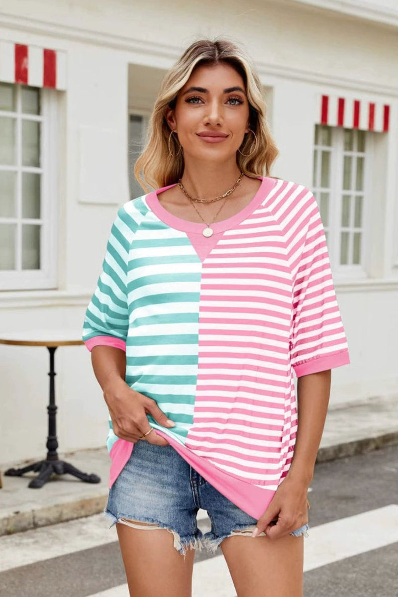 Striped Round Neck Half Sleeve T-Shirt Green Pink