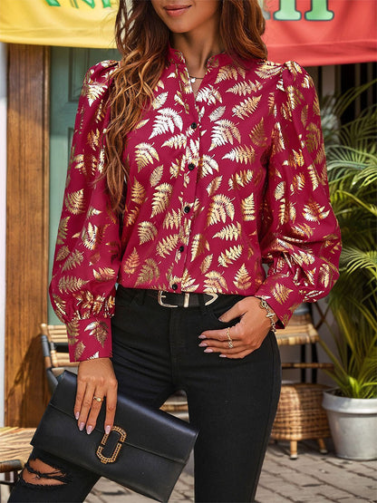 Perfee Printed Notched Long Sleeve Shirt