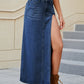 Slit Buttoned Denim Skirt with Pockets