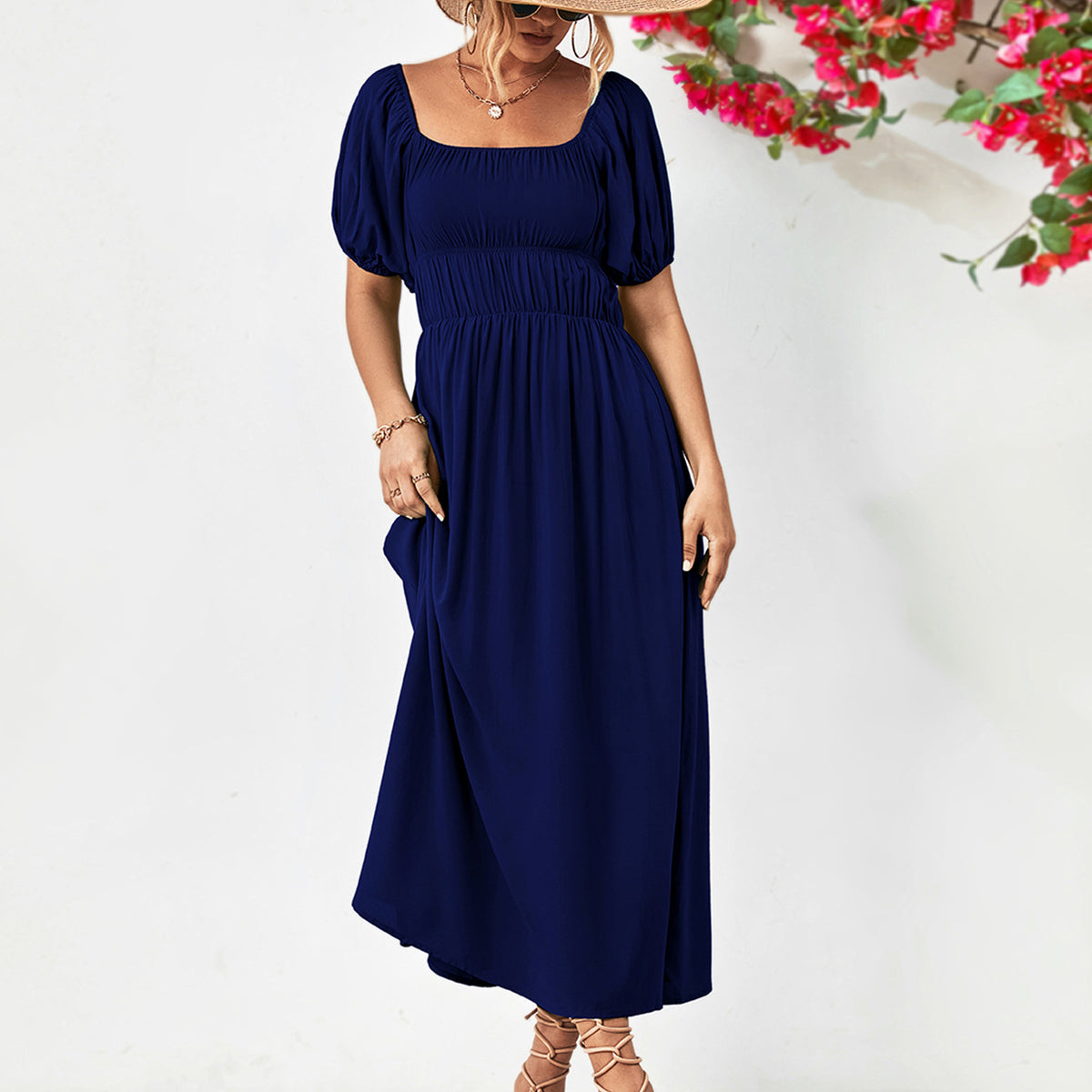 Off-Shoulder Balloon Sleeve Midi Dress