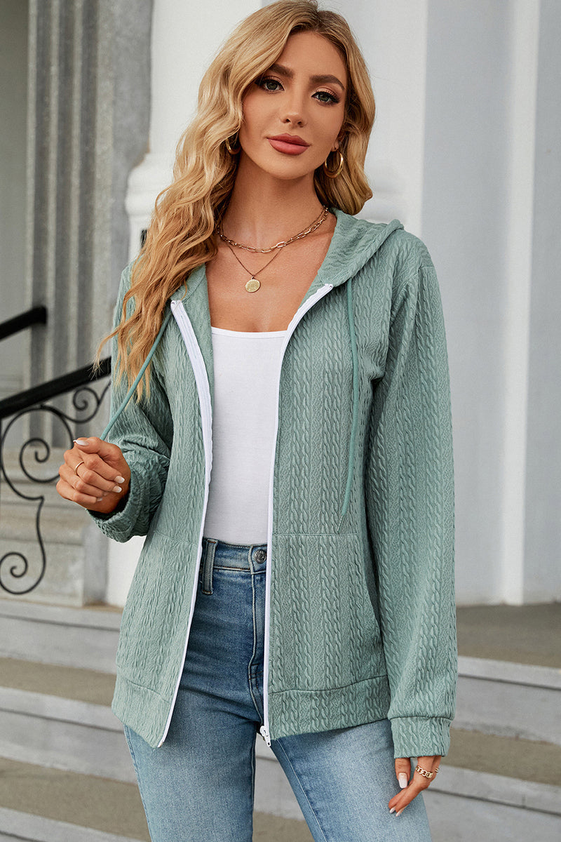 Drawstring Zip Up Long Sleeve Hoodie Light Green
