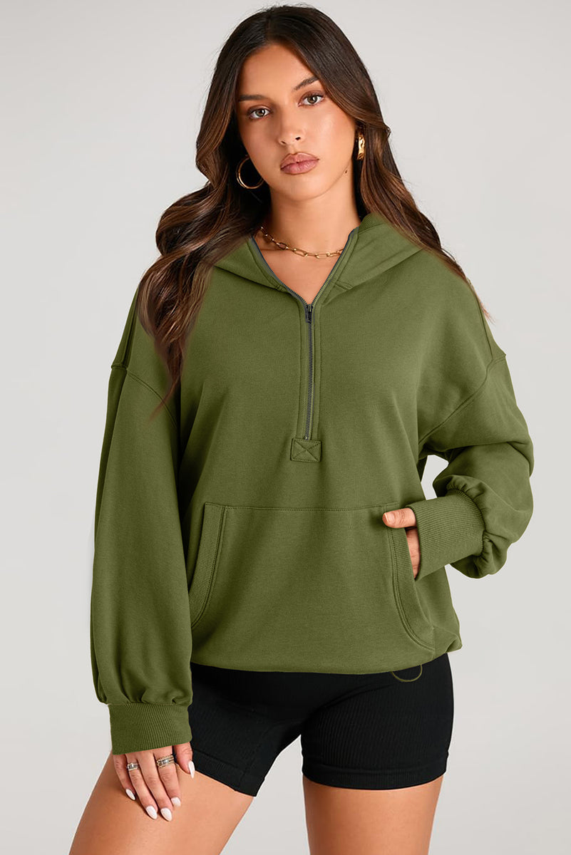Pocketed Half Zip Long Sleeve Hoodie Army Green