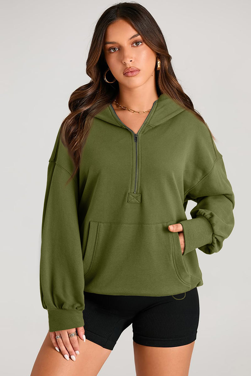 Pocketed Half Zip Long Sleeve Hoodie Army Green