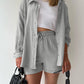 Texture Button Up Shirt and Drawstring Shorts Set