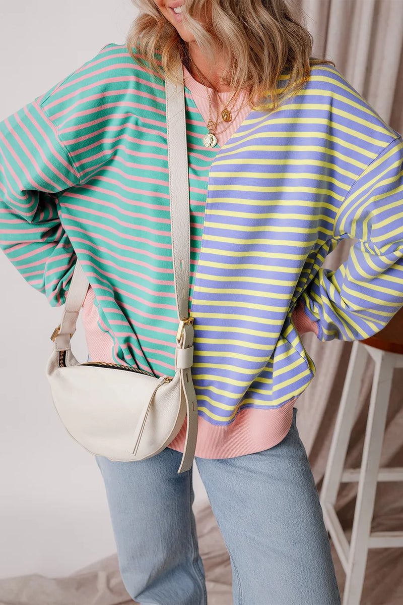 Contrast Stripes Round Neck Long Sleeve Sweatshirt