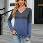 V-Neck Long Sleeve Two-Tone T-Shirt