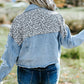 Plus Size Leopard Raw Hem Distressed Spliced Denim Jacket